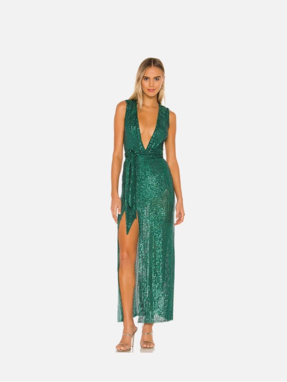 Revolve NBD XS Glamorous Elektra Emerald Green Sequin V-Neck Dress/Gown